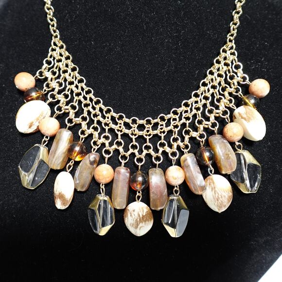 Charming Charlie Teardrop Beaded Statement‎ Bib Necklace Amber Cream Gold Chain - Picture 1 of 12
